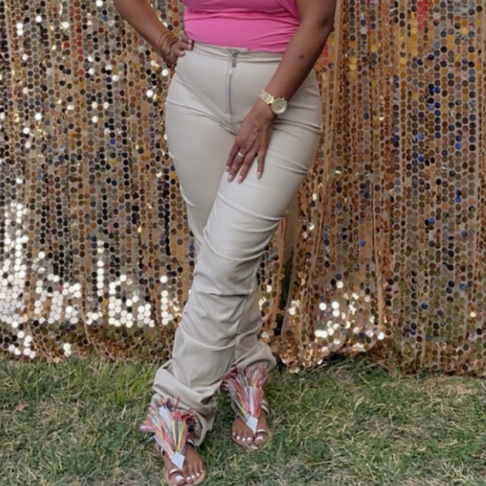 Maniere De Voir Tacked Vegan Leather Flared Trousers in beige - Picture 2 of 6